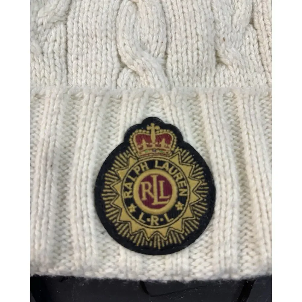 Ralph Lauren Women's Crest Patch Cable Beanie Cuff Hat w/Pom Cream - Picture 3 of 3